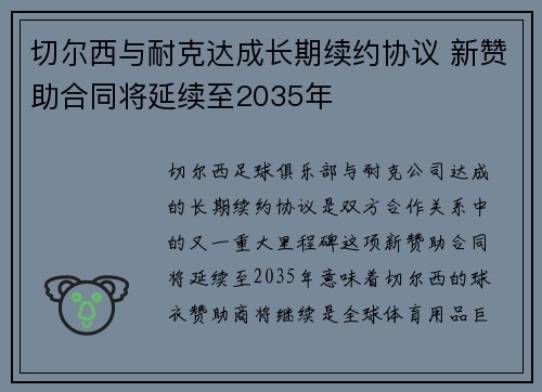 切尔西与耐克达成长期续约协议 新赞助合同将延续至2035年