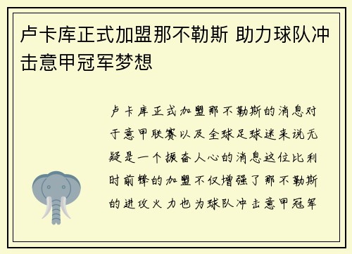 卢卡库正式加盟那不勒斯 助力球队冲击意甲冠军梦想 卢卡库正式加盟那不勒斯 助力球队冲击意甲冠军梦想