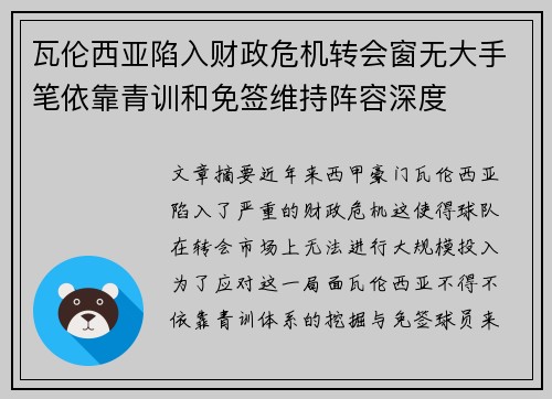瓦伦西亚陷入财政危机转会窗无大手笔依靠青训和免签维持阵容深度 瓦伦西亚陷入财政危机转会窗无大手笔依靠青训和免签维持阵容深度